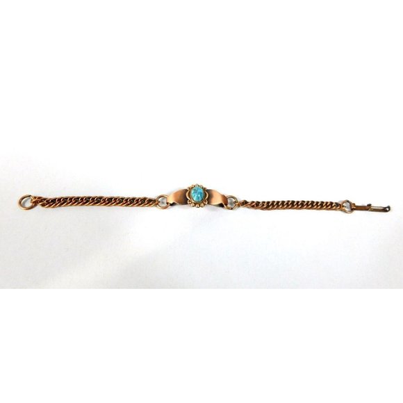 Copper Color Womens Bracelet Curved Center Faux Turquoise Bead 7 - 7 1/8 Inches - Picture 3 of 9